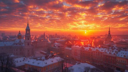 A stunning panoramic view of Lviv at sunrise, showcasing a vivid sky with dynamic clouds above charming, snow-dusted buildings.の素材