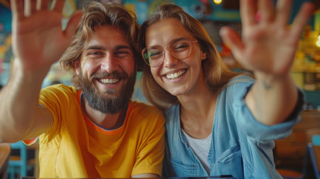 A cheerful young couple with waves to the camera in a vibrant and colorful cafe environment, expressing joy and genuine smiles.の素材
