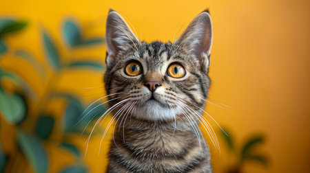 Captivating close-up of a tabby cat with striking amber eyes, set against a vivid yellow backdrop with a hint of tropical flora.の素材