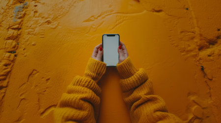 A vivid close-up image of a woman holding a smartphone with both hands, clad in a yellow knitted sweater against an orange textured background.の素材
