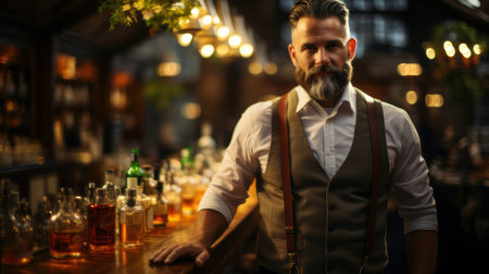 Handsome, bearded bartender in a waistcoat and suspenders stands confidently at a bar surrounded by assorted bottles under warm ambient lights.の素材