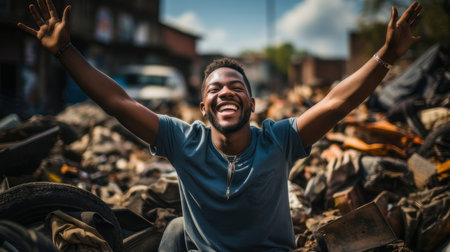 An energetic African man joyfully raises arms in a cluttered junkyard, celebrating life against an urban backdrop under bright sunlight.の素材