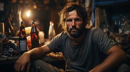 An evocative portrait of a rugged, weary man seated in a messy, dimly lit environment strewn with beer bottles and various items, reflecting themes of solitude and contemplation.の素材