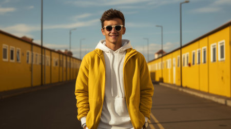 A confident young man wearing a yellow jacket and stylish sunglasses stands casually on a street with yellow buildings in the background.の素材