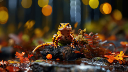 A stunning fire salamander with black skin and bright colorful spots rests on a log in a misty autumn forest, surrounded by vibrant foliage.の素材