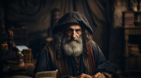 A detailed portrayal of an elderly bearded man dressed in traditional Renaissance attire, seated amidst a richly decorated study filled with books and ancient artifacts.の素材