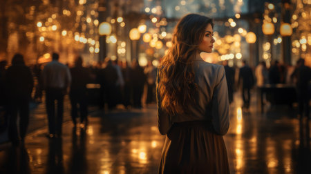 Rear view of an elegant businesswoman admiring the city nightlights, embodying a reflective and professional atmosphere amidst a bustling urban setting.の素材