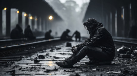 A haunting image capturing a homeless man sitting on train tracks, lost in thought amid a misty and dark setting, evoking feelings of sadness and isolation.の素材