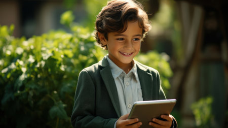 A cheerful young boy uses a digital tablet outdoors in a lush garden setting, showcasing a balance between modern technology and nature.の素材