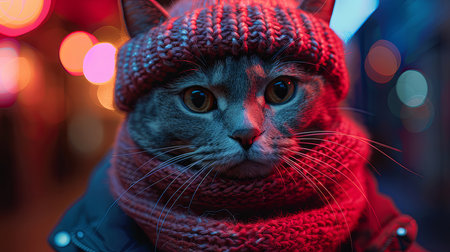 A cinematic portrait of a gray cat dressed in a cozy knitted hat and scarf, set against a backdrop of colorful street lights.の素材