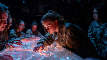 Focused young female soldiers examine a glowing, futuristic military map during an intense strategy session in a dimly lit environment.の素材
