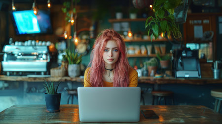 A stylish young woman with vibrant pink hair sits at a wooden table in a bustling cafの素材