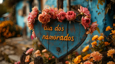 A rustic heart-shaped sign reading 'Dia dos Namorados' surrounded by vibrant pink and orange flowers, capturing a traditional Brazilian Valentine's Day celebration.の素材