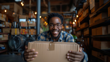 Joyful young Black man in a warehouse, gleefully holding a cardboard package with a bright smile, surrounded by shelves and warm lighting.の素材