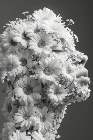 Stunning monochrome image showcasing a woman composed of flowers, blending nature with a surreal, artistic touch.の素材