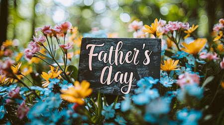 Vibrant outdoor shot capturing a Father's Day sign nestled among vivid multicolored flowers, depicting a festive and affectionate mood.の素材