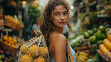 A young woman with a mesh bag full of fresh citrus fruits looks over her shoulder at a vibrant street market.の素材