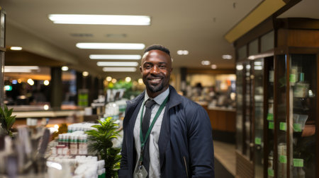 A confident African male pharmacist stands smiling in a well-organized pharmacy, wearing a suit and ID badge, embodying professionalism and friendliness.の素材