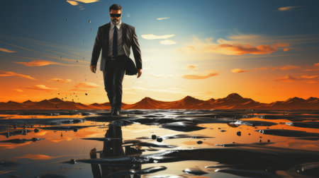A visually impaired businessman, wearing a blindfold, walks confidently yet carefully across a reflective desert under a sunset sky.の素材