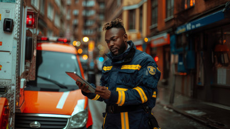 Focused African American paramedic using a digital tablet while standing next to a parked ambulance, with city lights in the background.の素材