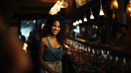 A cheerful Indian woman working as a bartender in an ambient bar, smiling warmly while arranging glasses. The scene captures a lively, hospitable atmosphere.の素材