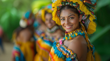 Vibrant image of joyful dancers in colorful traditional Brazilian attire at a Festa Junina celebration, showcasing diverse cultural heritage.の素材