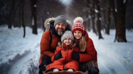 A happy family moment captured as a father, his daughter, and son enjoy sledding together in a snow-covered forest, exuding warmth and joy.の素材