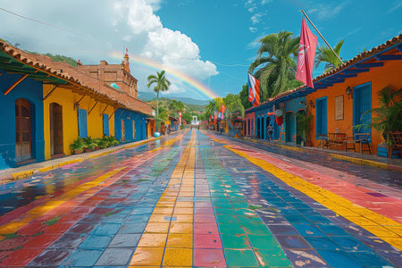 Vibrant scene from the central square of Villa de Leyva, Colombia, showcasing a rainbow-colored wet street, heritage buildings, palm trees, and flying flags.の素材