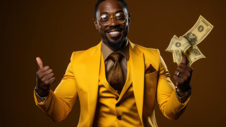 A joyful African American man dressed in an elegant yellow suit posing with cash in hand and a thumbs-up gesture against a brown background.の素材