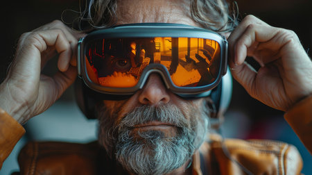 Intense close-up view of a middle-aged man adjusting futuristic goggles, with a reflection of urban cityscape in the lens.の素材