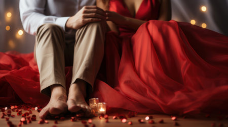 A close-up view of a young couple in a romantic setting, surrounded by candles, fairy lights, and a vibrant red fabric, creating a cozy and intimate atmosphere.の素材