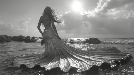 A captivating black and white image showcasing a mermaid walking along the beach, her tail sparkling under the setting sun.の素材