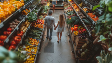 A joyful family of three, including a young girl, wander through a supermarket, surrounded by vibrant fresh produce, enjoying a healthy lifestyle together.の素材