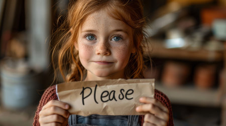 This engaging photo captures a young red-haired girl with freckles holding a brown paper sign that says 'please'. Her innocent gaze and the rustic workshop background enhance the emotional appeal.の素材