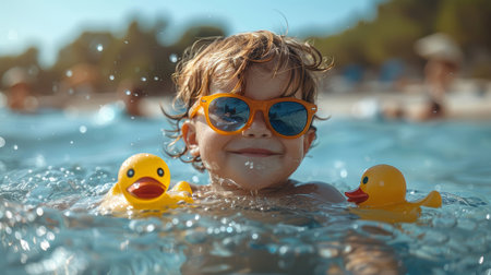 A cheerful young boy enjoys his summer vacation, playing in a swim pool wearing orange sunglasses, flanked by yellow rubber ducks.の素材