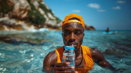 Young athletic male enjoys a refreshing drink in the sea, floating effortlessly with a rugged coastline in the background.の素材
