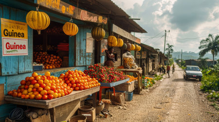A bustling street market scene in Guinea featuring stalls laden with fresh tomatoes and other local produce under traditional lanterns.の素材
