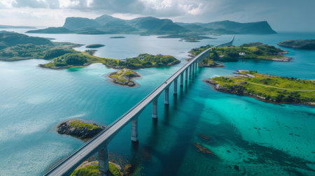 This breathtaking aerial image captures the Saltstraumen Bridge in Norway, showcasing turquoise waters, lush islands, and dramatic mountain backdrops.の素材