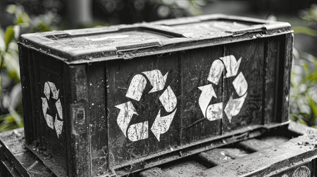 A detailed view of a well-worn black recycle bin adorned with prominent white recycling symbols, set against a natural background.の素材