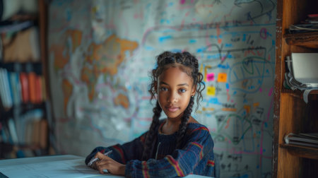 Portrait of an African girl concentrating on solving math problems in a classroom. She is surrounded by a colorful world map and educational materials.の素材