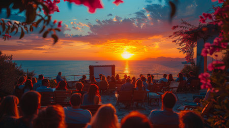 A small group of people enjoys an open-air movie on a rooftop, framed by blossoms against a sunset over the sea.の素材