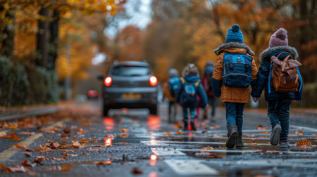 Rear view of children with backpacks walking on a wet street, lined with colorful autumn leaves, heading to school on a rainy day.の素材