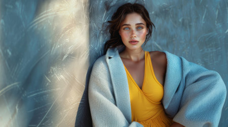 Stylish portrait of a young elegant woman dressed in a vibrant yellow dress and cozy blue coat, set against an artistic, textured blue backdrop.の素材