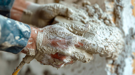 Detailed image showing hands of a constructor skillfully applying cement on a wall, emphasizing craftsmanship and labor in construction.の素材