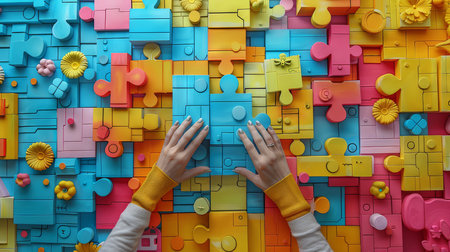 Vibrant hands arranging multi-colored puzzle pieces into an eye-catching abstract pattern, showcasing creativity and problem-solving skills.の素材
