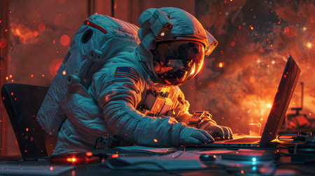 An astronaut is intently focused on video editing on his laptop amid a surreal, fiery backdrop, evoking a sense of urgency and focus in a challenging environment.の素材