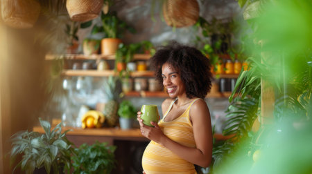 A joyful pregnant woman in a yellow dress enjoys a peaceful moment, holding a mug surrounded by vibrant indoor plants.の素材