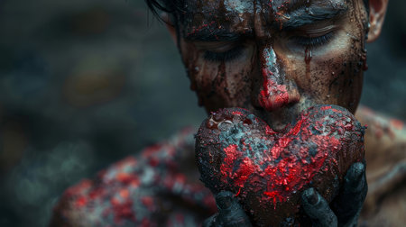 A poignant image of a man with teary eyes holding a glitter-covered broken heart, conveying deep emotional pain and heartbreak.の素材