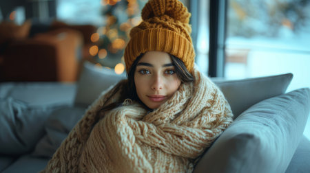 A close-up portrait of a young Latina woman wearing a warm, yellow beanie and wrapped in a chunky knit blanket, lounging on a couch by a window with soft festive lights in the background, conveying a sense of warmth and comfort during a cold winter day.の素材