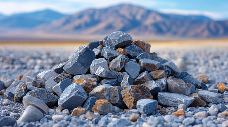 Close-up view of a small pile of assorted stones and minerals, set against a stunning mountainous desert background under blue skies, capturing natural beauty and geological diversity.の素材